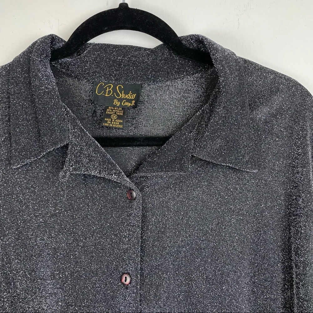 Vtg C.B. Studio Womens Silver Metallic Button Down Sparkle Holiday Top